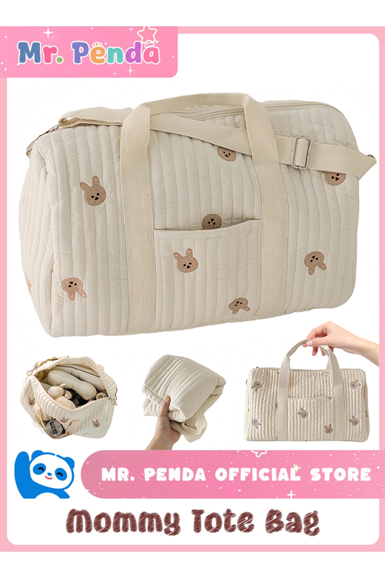 MIXDE Fashionable Embroidered Large Capacity Cute Rabbit Patterned Diaper Travel Bag, Lightweight Foldable Boston Mommy Tote Bag Handbag, Portable and Shoulder-Carried Crossbody Bag, Hospital Bag for 